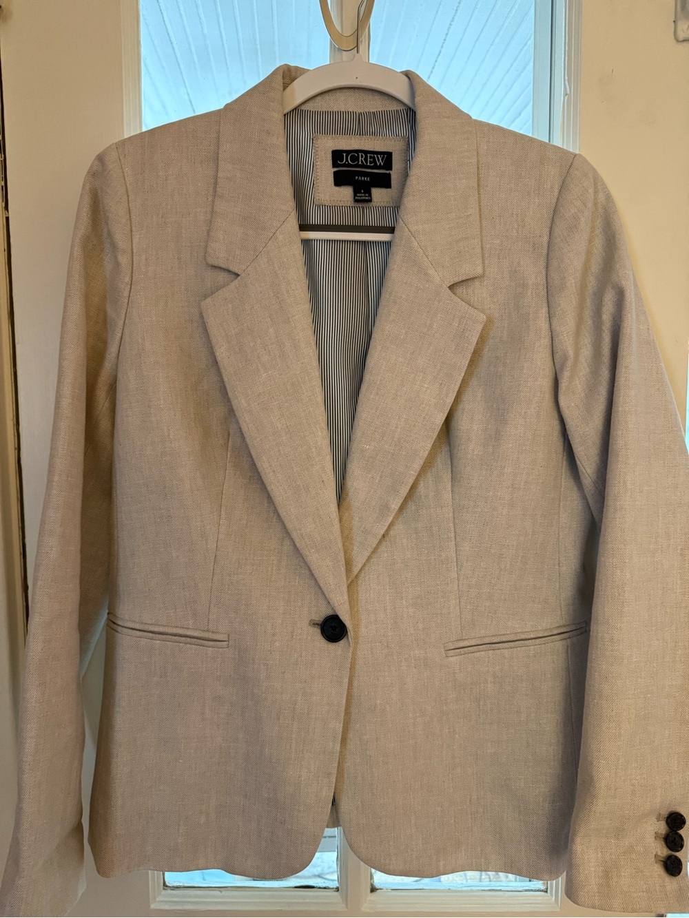 J. Crew’s Parke Blazer in Flax. Linen Blend Single-Button Tailored.